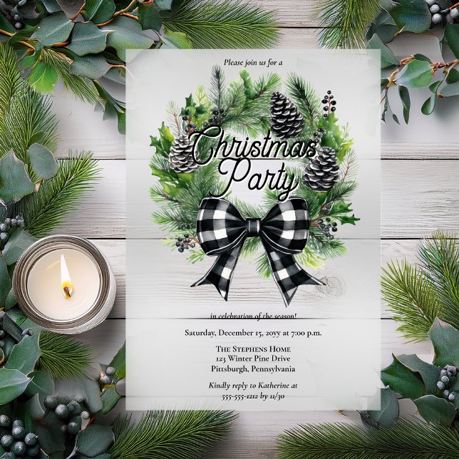 Invitaciones Acrílicas Festive Holiday Wreath BW Bow Christmas Party  (Festive Christmas Holiday Wreath with BW Coquette Check Bow "Christmas Party" Acrylic Invitation)
