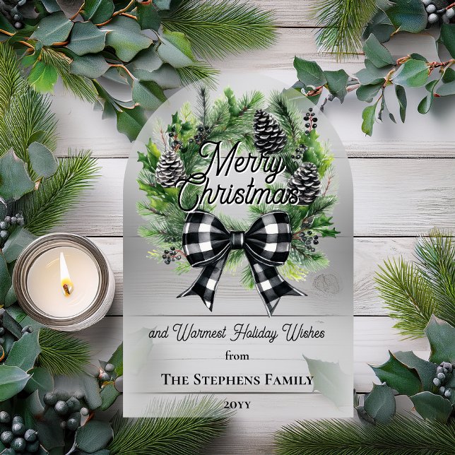 Invitaciones Acrílicas Festive Holiday Wreath Merry Christmas Non-Photo (Festive Holiday Wreath with Black | White Check Coquette Bow "Merry Christmas" Acrylic Card)