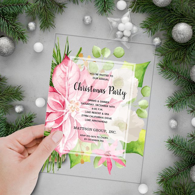 Invitaciones Acrílicas Festividad de los Navidades florales de Poinsettia (Pink poinsettia floral Christmas holiday ACRYLIC party invitations)