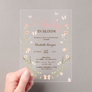 Invitaciones Acrílicas Fiebre Bebé Flores Mariposas Rayas Rosadas