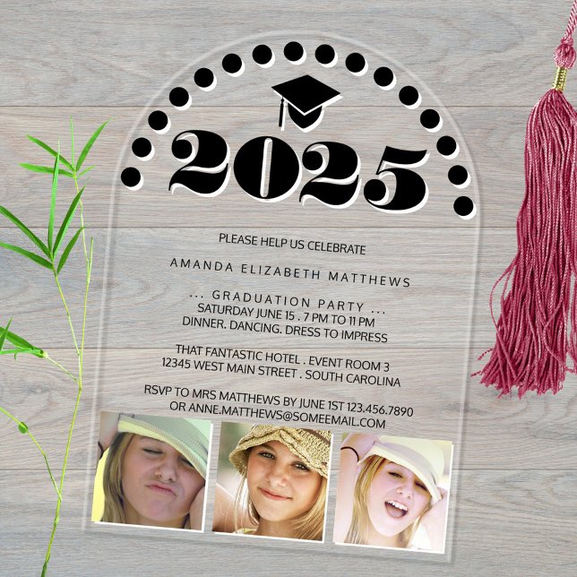 Invitaciones Acrílicas Fiesta blanco negro de 3 Collages de fotos Grad 20 (These arched acrylic graduation invitations feature a 3 photo collage of your proud graduate)