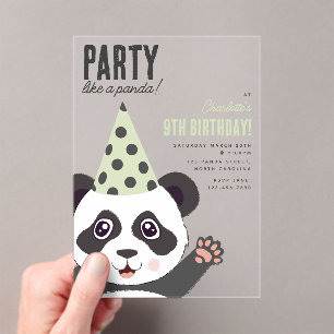 Invitaciones Acrílicas Fiesta Como un Panda Cumpleaños de Niños Divertido