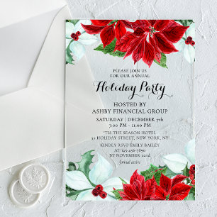 Invitaciones Acrílicas Fiesta Corporativa de Navidad con Poinsettia Roja 