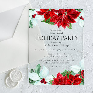 Invitaciones Acrílicas Fiesta Corporativa de Navidad con Poinsettia Roja