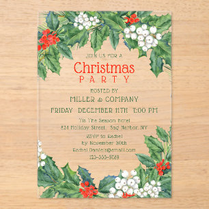 Invitaciones Acrílicas Fiesta Corporativa de Navidad Holly con Acuarela