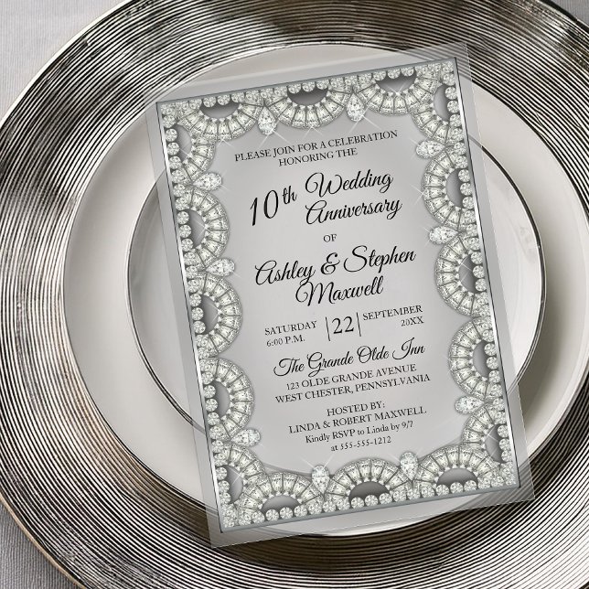Invitaciones Acrílicas Fiesta de aniversario de bodas de plata y diamante (Elegant Silver-Tone and Diamond 10th Wedding Anniversary Party Acrylic Invitations)