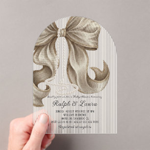 Invitaciones Acrílicas Fiesta de Baby Shower de Niña con Lazo a Rayas Gra