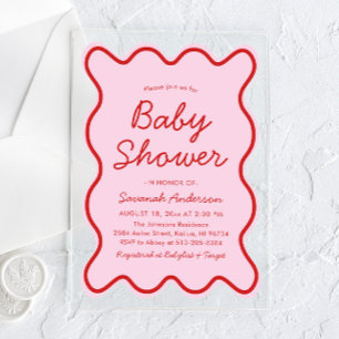Invitaciones Acrílicas Fiesta de Baby Shower Rosa y Rojo Curvo Moderno On