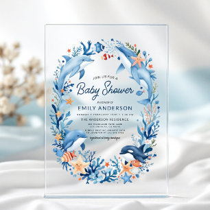 Invitaciones Acrílicas Fiesta de Baby Shower Submarina con Acuarela Azul