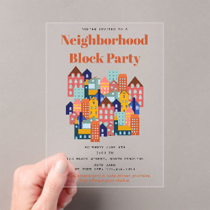 Invitaciones Acrílicas Fiesta de Barrio Conozca a sus Vecinos