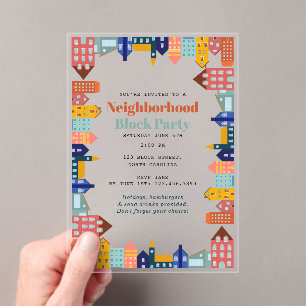 Invitaciones Acrílicas Fiesta de Barrio Conozca a sus Vecinos