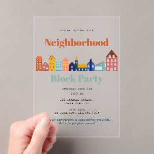 Invitaciones Acrílicas Fiesta de Barrio Conozca a sus Vecinos