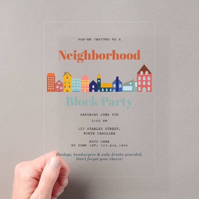 Invitaciones Acrílicas Fiesta de Barrio Conozca a sus Vecinos (Insitu (portátil))