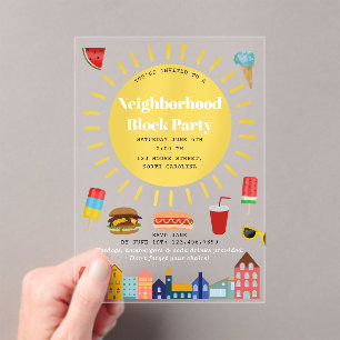 Invitaciones Acrílicas Fiesta de barrio de verano en la cuadra