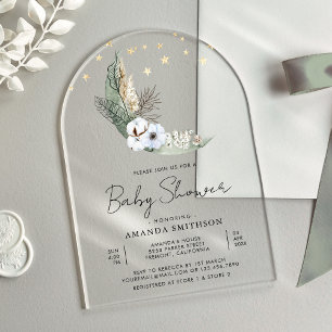Invitaciones Acrílicas Fiesta de Bebé Arco Lunar Floral Boho Verde Salvia