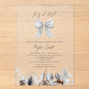 Invitaciones Acrílicas Fiesta de Bebé Botánico de Invierno con Lazo Blanc