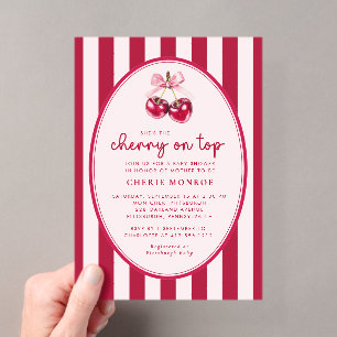 Invitaciones Acrílicas Fiesta de Bebé con Cereza Rosa y Roja de Moda en l