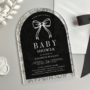 Invitaciones Acrílicas Fiesta de Bebé Coquette de Línea Arte Blanco y Neg