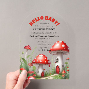 Invitaciones Acrílicas Fiesta de Bebé de Bosque de Hongos Rojo