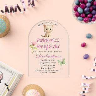 Invitaciones Acrílicas Fiesta de Bebé de Gatito Perfecto para Niña