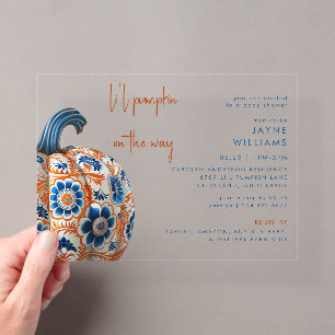 Invitaciones Acrílicas Fiesta de Bebé de la Calabacita Azul y Naranja