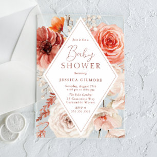 Invitaciones Acrílicas Fiesta de Bebé Floral Boho Botánico de Otoño Neutr