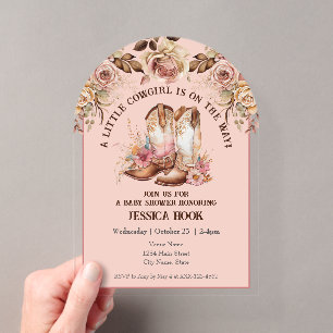 Invitaciones Acrílicas Fiesta de Bebé Floral Rosa Boho Occidental