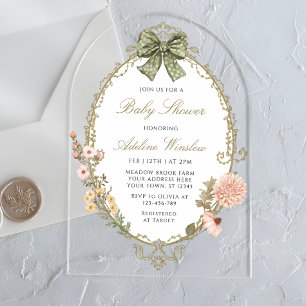 Invitaciones Acrílicas Fiesta de Bebé Floral Vintage Boho Sage