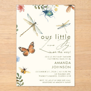 Invitaciones Acrílicas Fiesta de bebé insectos mariquita boho 