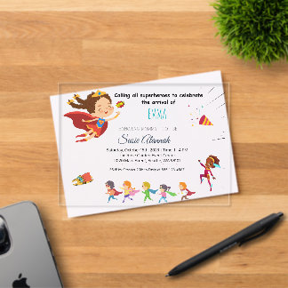 Invitaciones Acrílicas Fiesta de Bebé Niña con Tema de Superhéroes