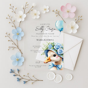 Invitaciones Acrílicas Fiesta de Bebé Niño Pato Lazo Azul Coqueta