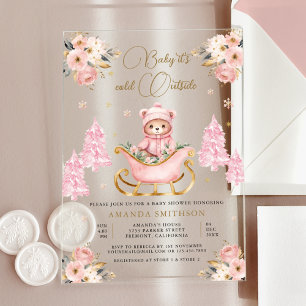 Invitaciones Acrílicas Fiesta de Bebé Oso de Peluche Floral Rosa Dorado I