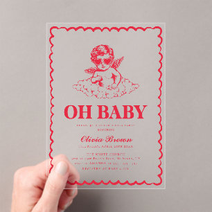 Invitaciones Acrílicas Fiesta de Bebé Retro Querubín Rosa y Rojo