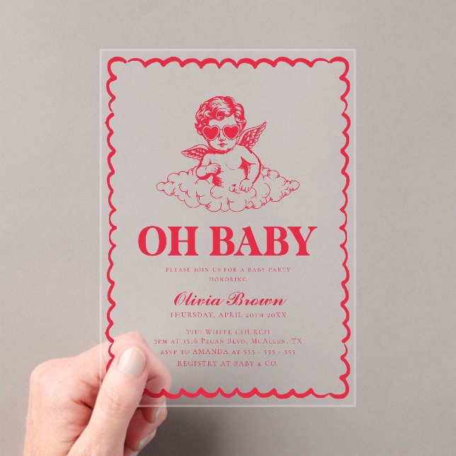 Invitaciones Acrílicas Fiesta de Bebé Retro Querubín Rosa y Rojo (Insitu (portátil))