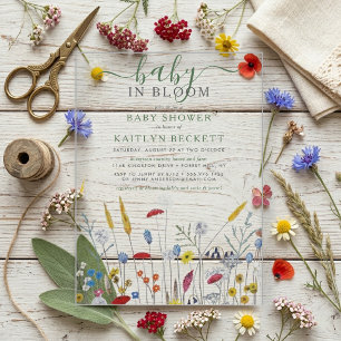 Invitaciones Acrílicas Fiesta de Bienvenida al Bebé en Pradera de Flores