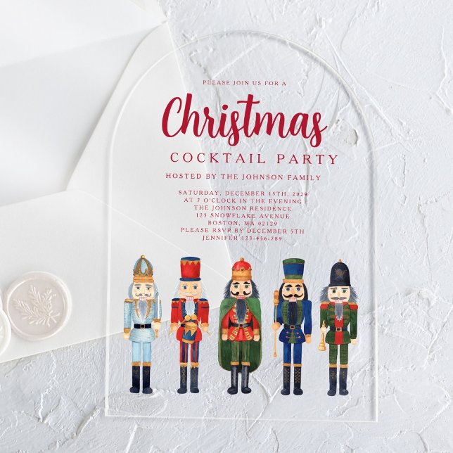 Invitaciones Acrílicas Fiesta de cócteles de Red Nutcracker Navidades (Red Nutcracker Christmas Cocktail Party Acrylic Invitations)