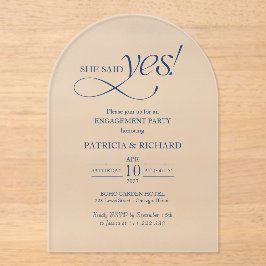 Invitaciones Acrílicas Fiesta de compromiso Cobalt Blue Arch dijo que sí