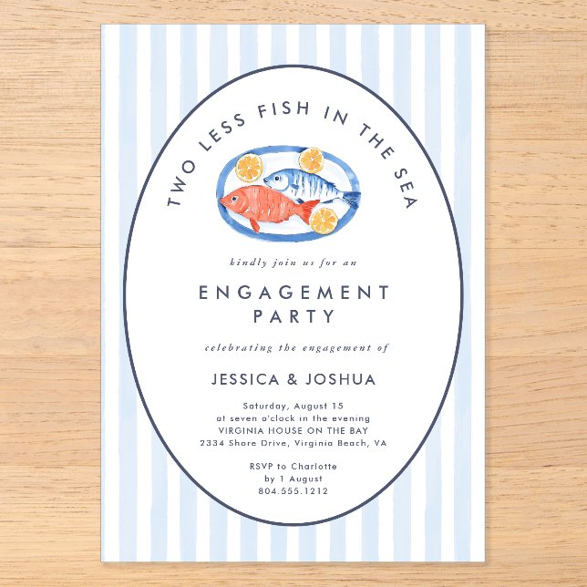 Invitaciones Acrílicas Fiesta de Compromiso Dos Menos Peces en el Mar  (Anverso)