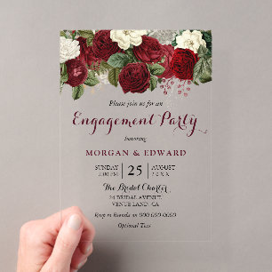 Invitaciones Acrílicas Fiesta de Compromiso Floral Rojo Burgundy Blanco