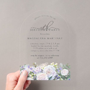 Invitaciones Acrílicas Fiesta de cumpleaños 18 años Arco floral blanco az