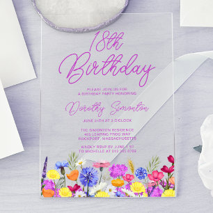 Invitaciones Acrílicas Fiesta de cumpleaños 18 Morado Boho Flor silvestre