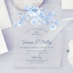 Invitaciones Acrílicas Fiesta de cumpleaños 19 Dusty Blue Floral