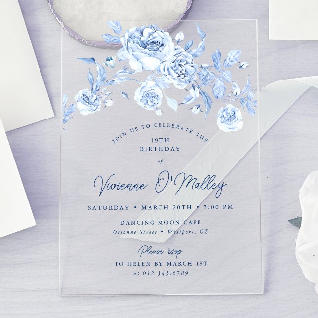 Invitaciones Acrílicas Fiesta de cumpleaños 19 Dusty Blue Floral (Subido por el creador)