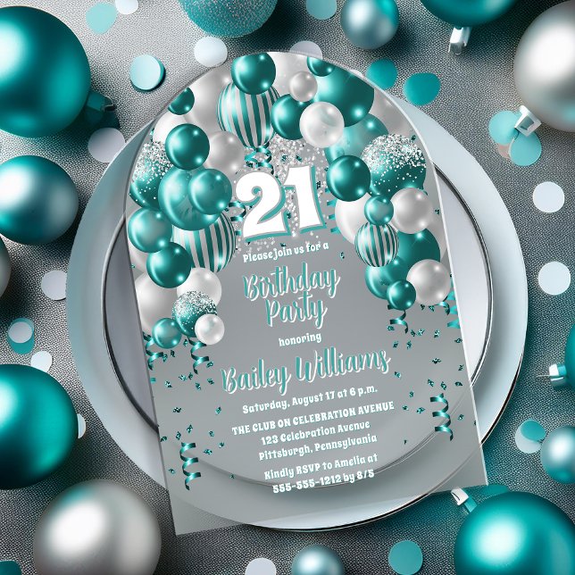 Invitaciones Acrílicas Fiesta de cumpleaños 21 de Aqua Celebration Globon (Aqua Celebration Balloons "21" 21st Birthday Party Acrylic Invitation)