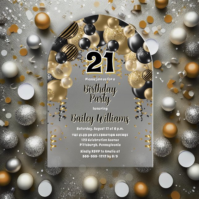 Invitaciones Acrílicas Fiesta de cumpleaños 21 de los Globos de Oro Negro (Black | Gold Tone Celebration Balloons "21" 21st Birthday Party Acrylic Invitation)