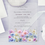 Invitaciones Acrílicas fiesta de cumpleaños 21 de septiembre Flor de mes<br><div class="desc">Elegantes acuarelas crean un borde floral al final de esta invitación de cumpleaños acrílico transparente. Las suaves flores moradas pastel,  el azul rosado y el blanco son la flor del mes de cumpleaños de septiembre,  lo que hace que este sea el tema perfecto para su cumpleaños de septiembre.</div>