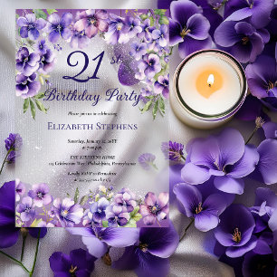Invitaciones Acrílicas Fiesta de cumpleaños 21 Elegantes Violetas Purpúre