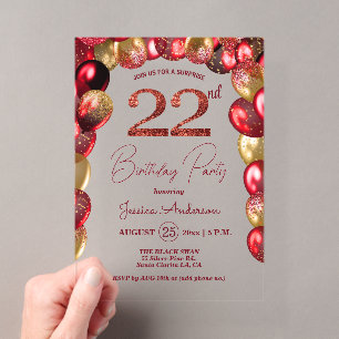 Invitaciones Acrílicas Fiesta de cumpleaños 22 sorpresa dorado burdeos br