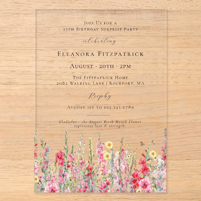 Invitaciones Acrílicas FIESTA DE CUMPLEAÑOS 25º Cumpleaños de Agosto Flor (Anverso)