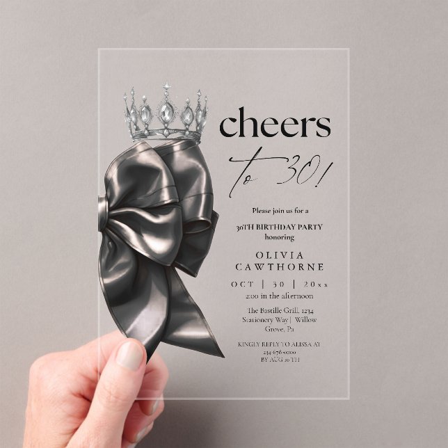Invitaciones Acrílicas Fiesta de cumpleaños 30 con lazo negro (Insitu (portátil))